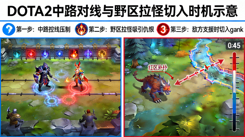 DOTA2 中路对线与野区拉怪切入时机示意画面