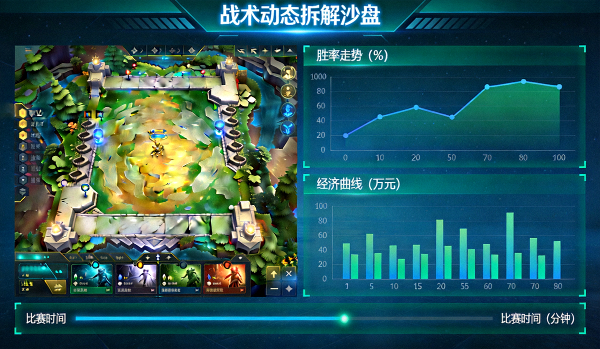 战术动态拆解沙盘：职业比赛局势胜率走势与经济曲线可视化界面
